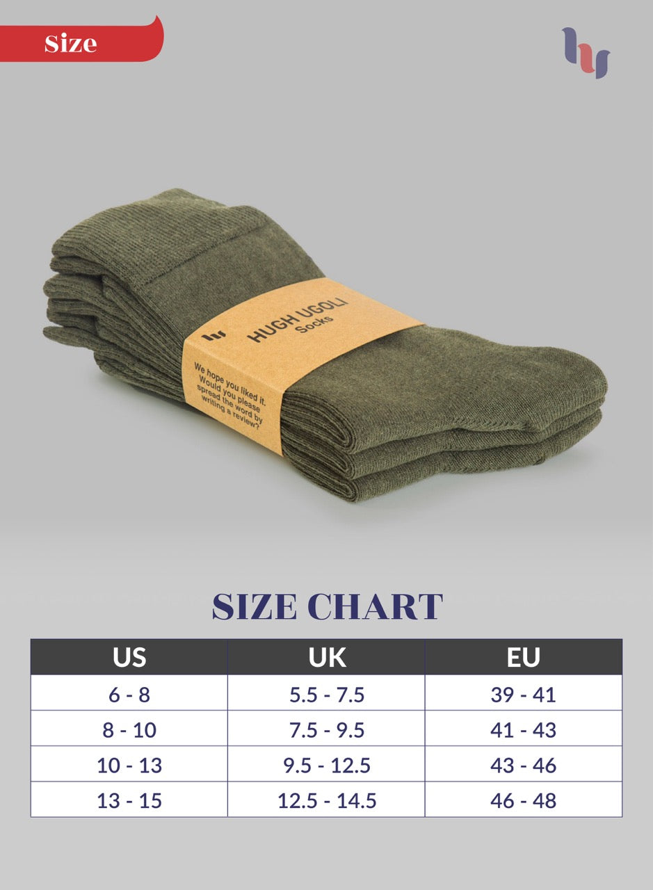Pack of Army Green socks with a size chart on a gray background