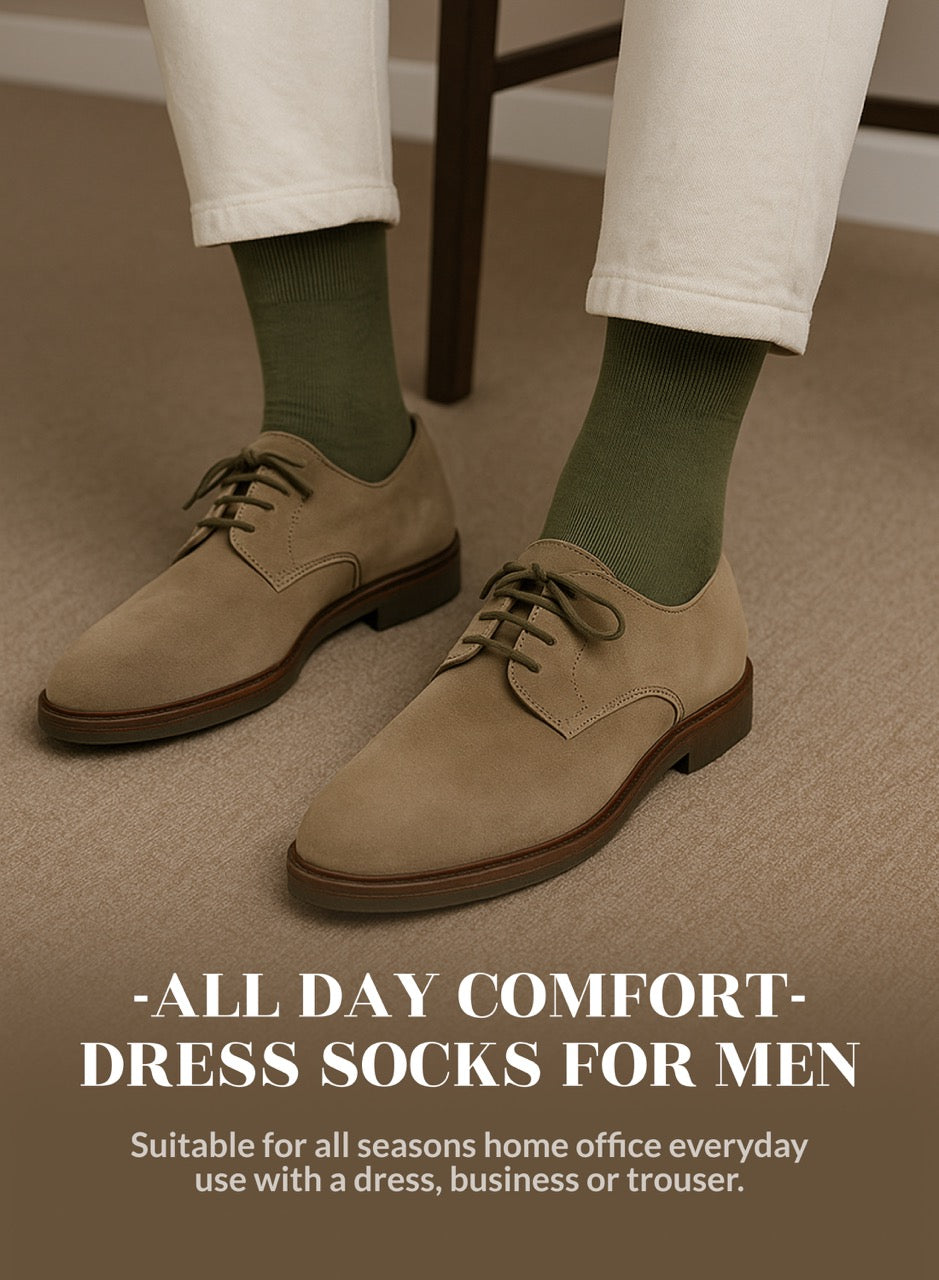 Beige dress shoes with Army Green socks on a neutral background