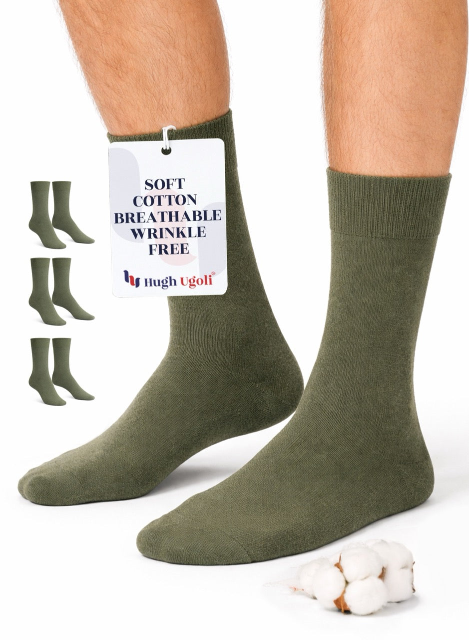 Army Green socks with a tag on a white background
