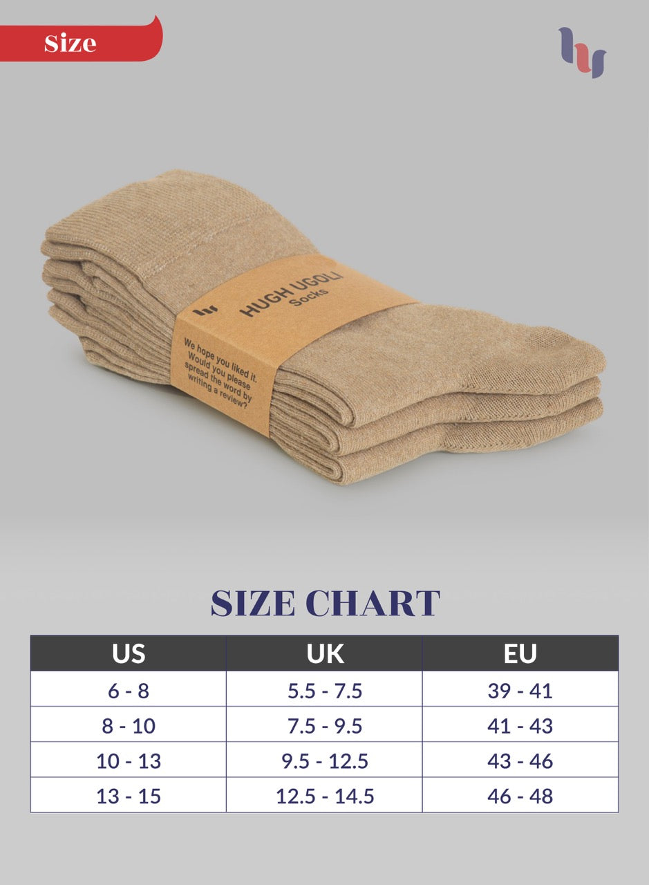 Beige socks with a size chart on a gray background