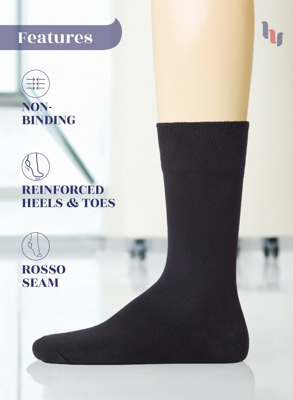 Black sock with features listed on a white background