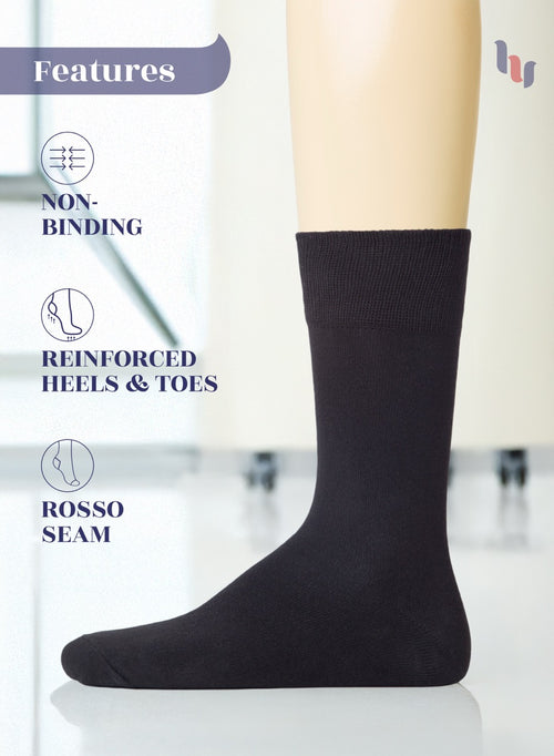 Black sock with features listed on a white background