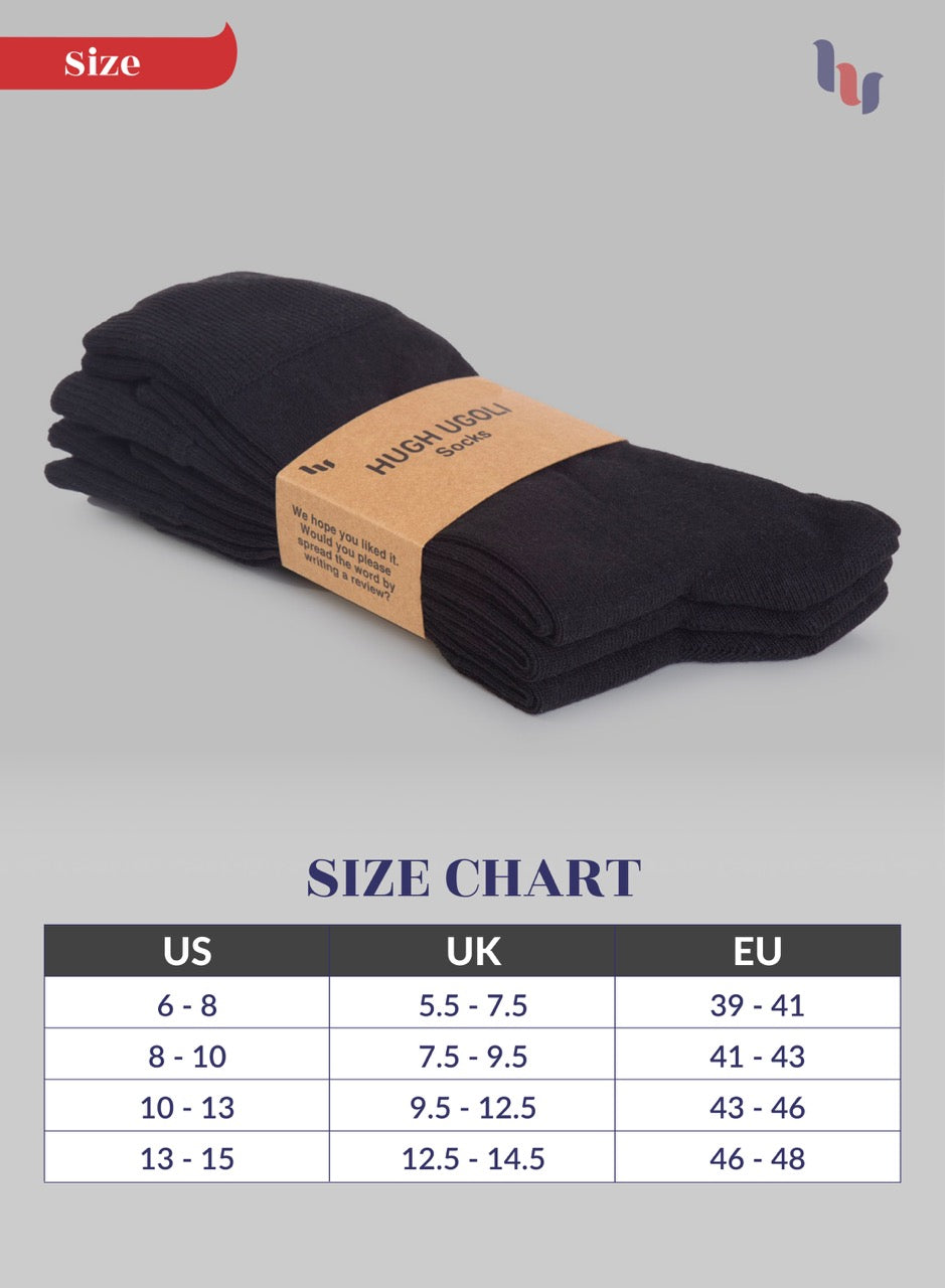 Pack of black socks with a size chart on a gray background