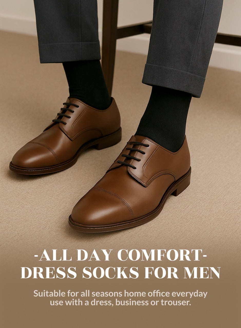 Brown dress shoes with black socks on a beige floor, promoting comfort and suitability for home office wear.