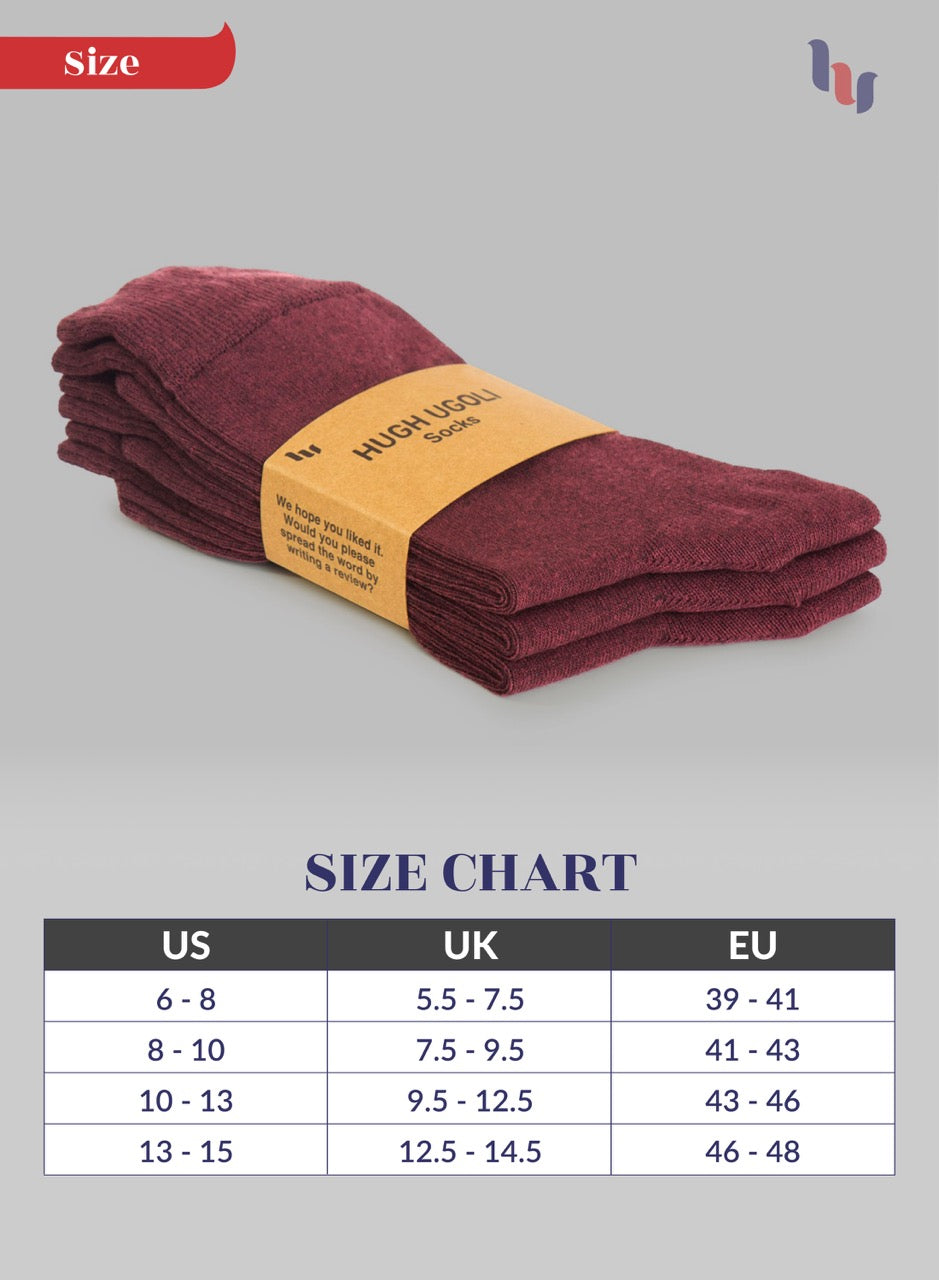 Burgundy socks with a yellow label on a gray background, featuring a size chart below.
