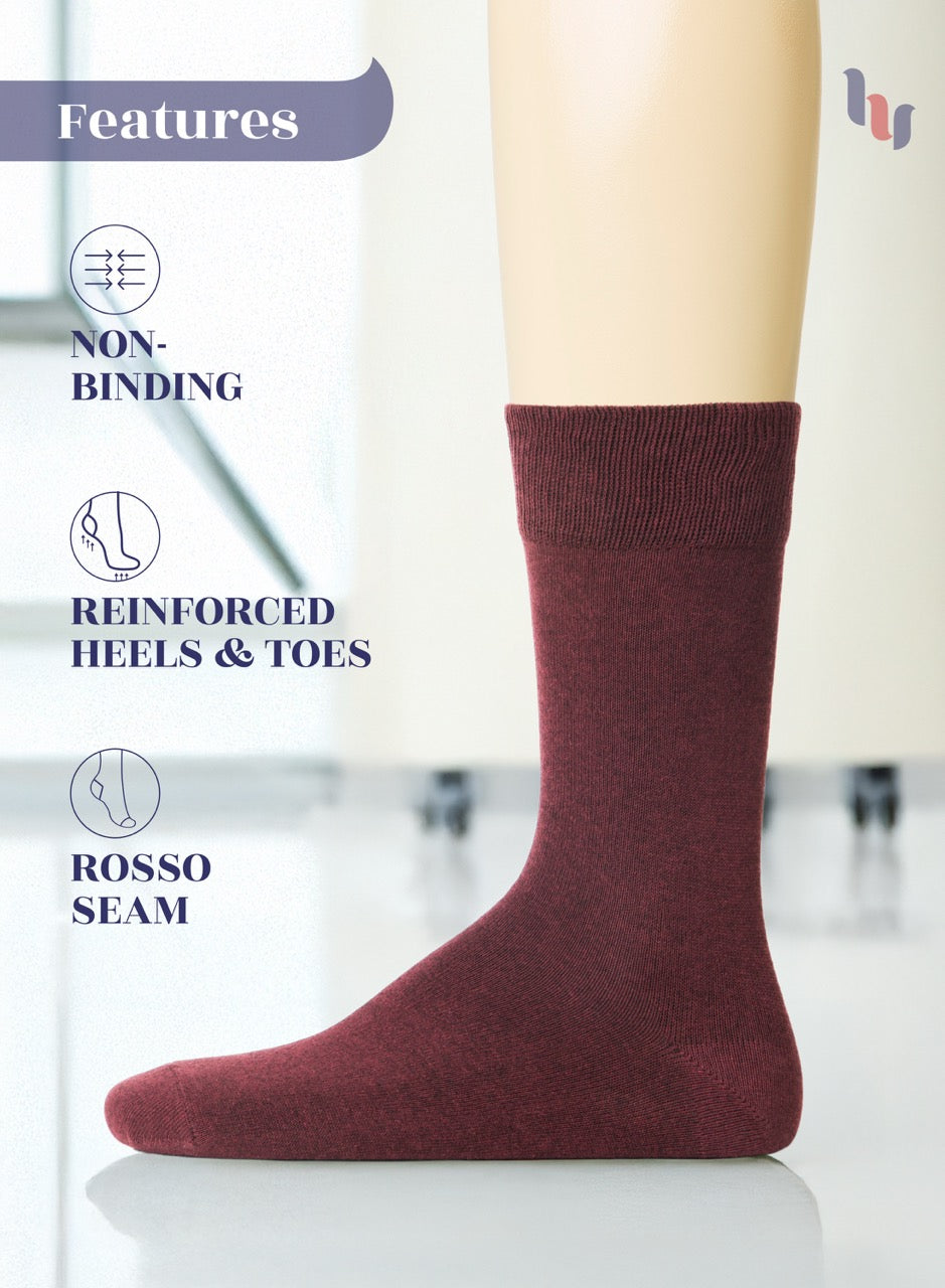Burgundy sock on a blurred background with feature text overlay