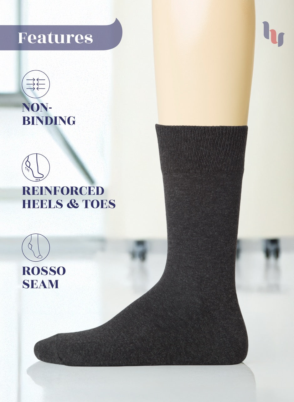 Charcoal sock with features listed on a white background