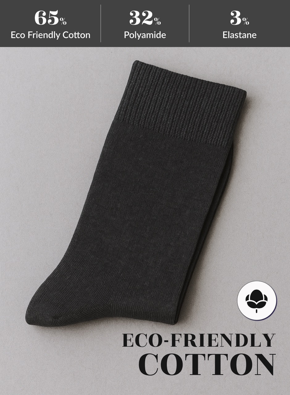 Charcoal sock on a light gray background with eco-friendly cotton label