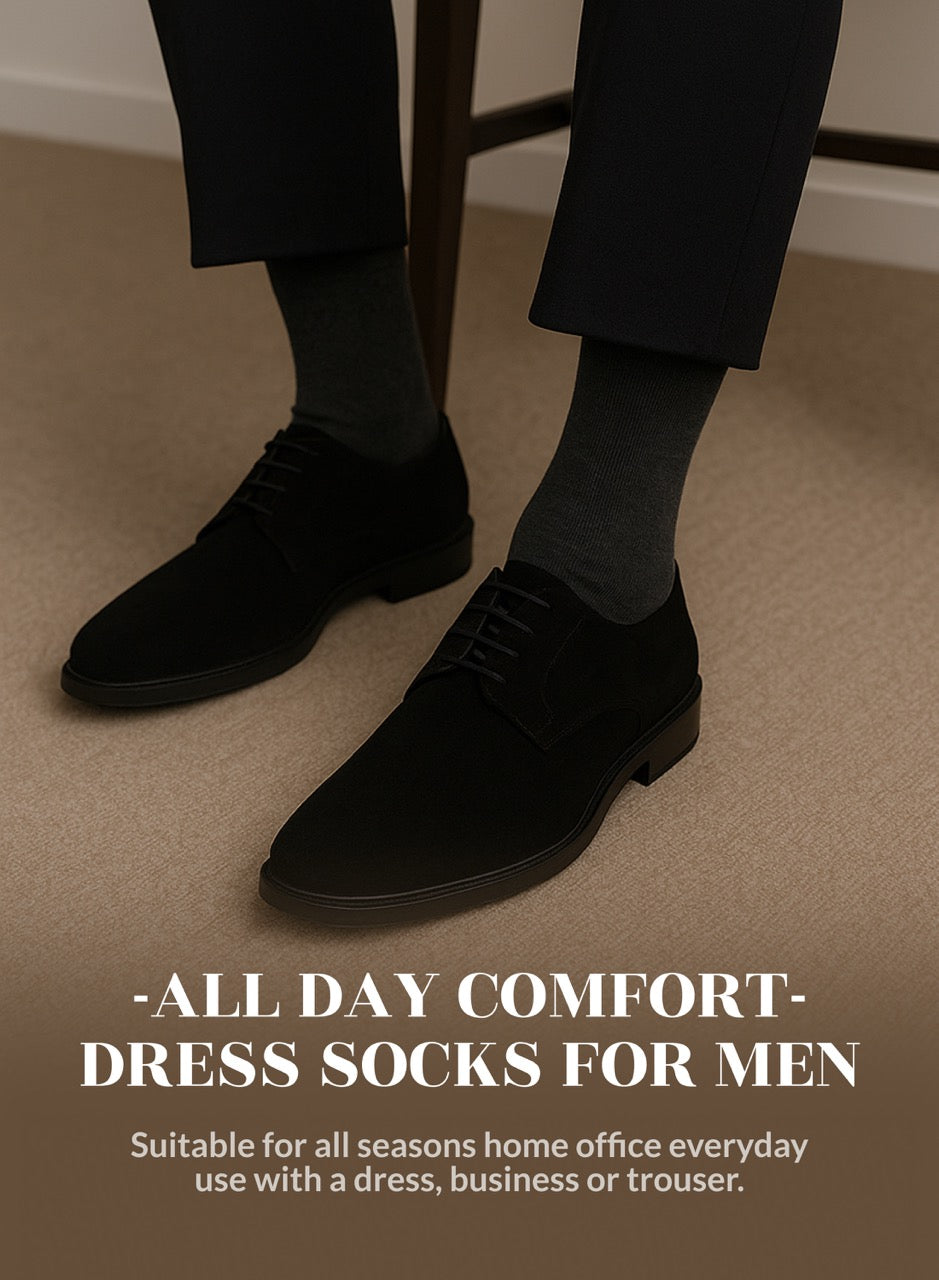 Black dress shoes and Charcoal socks on a neutral background with text about comfort and suitability for various occasions.