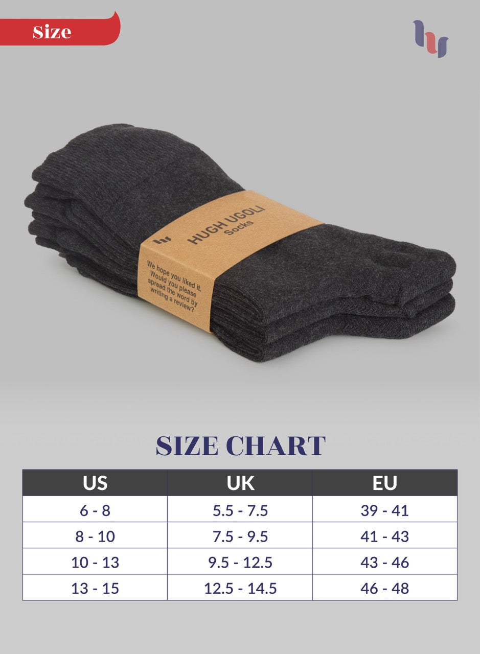 Pack of Charcoal socks with a size chart on a gray background