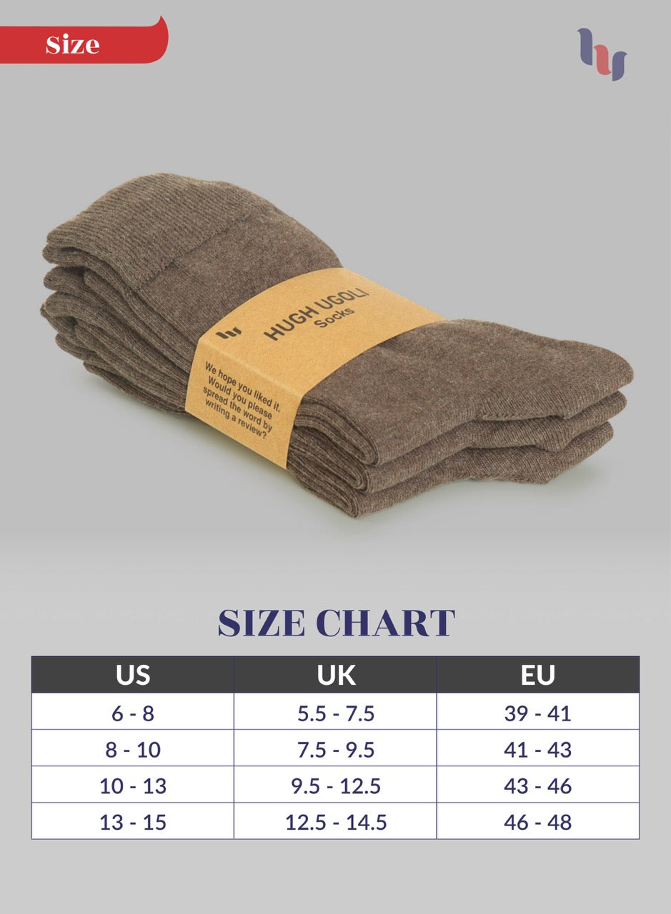 Pack of Chestnut socks with a size chart on a gray background