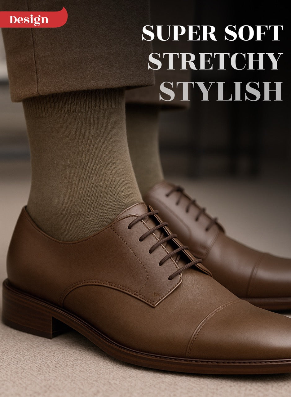 Brown leather shoes with Chestnut socks on a blurred background, featuring text 'Super Soft, Stretchy, Stylish'.