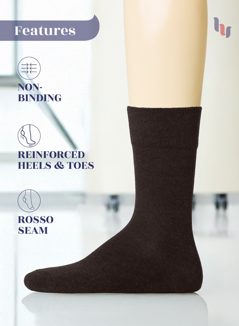 Dark Brown sock with features listed on a white background