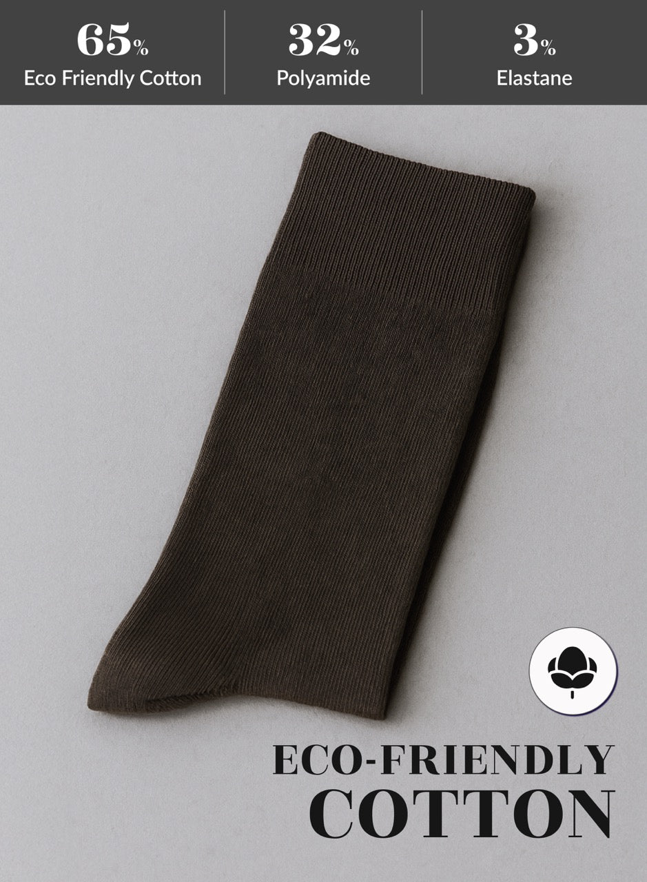 Dark Brown sock on a light gray background with eco-friendly cotton label