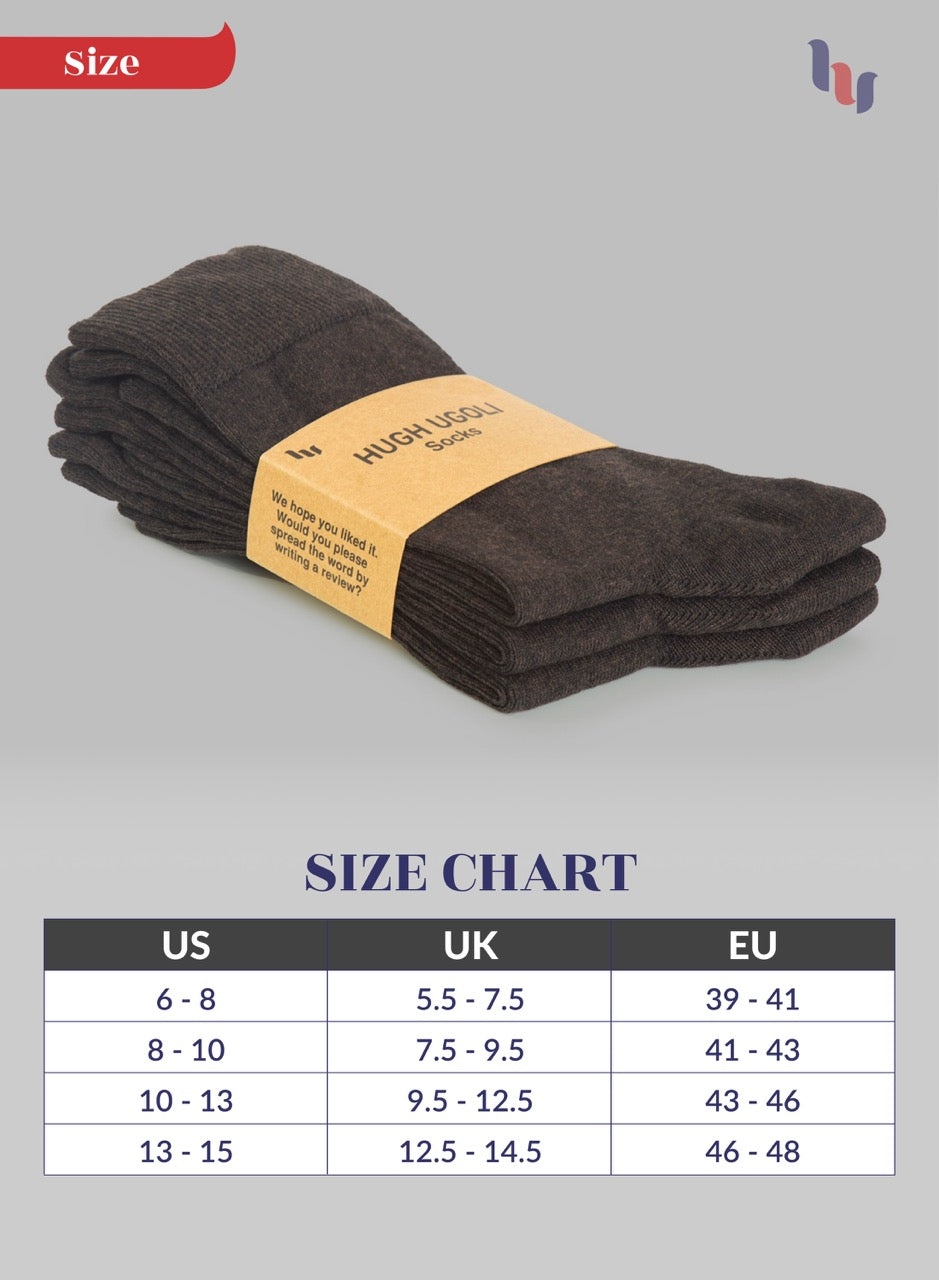 Stack of Dark Brown socks with a size chart on a gray background