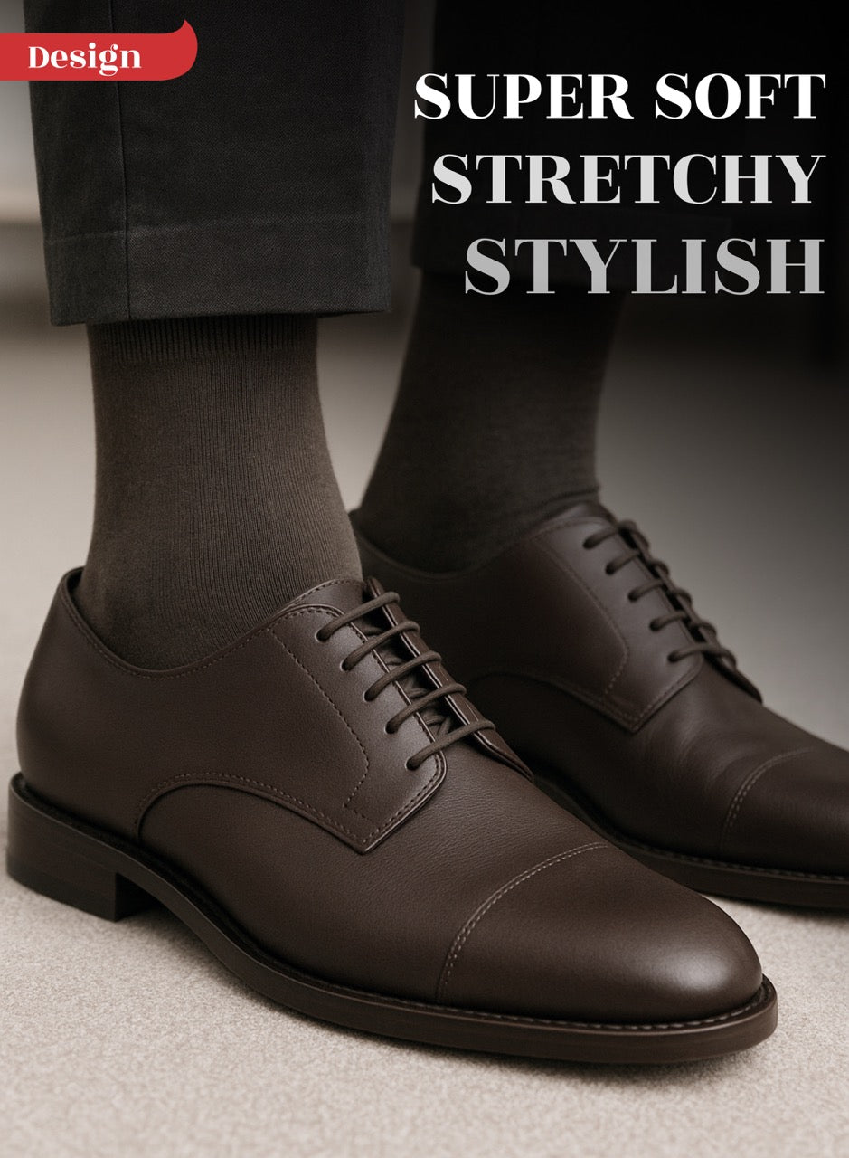 Brown leather shoes worn with Dark Brown socks on a neutral background, text 'Super Soft Stretchy Stylish' above.
