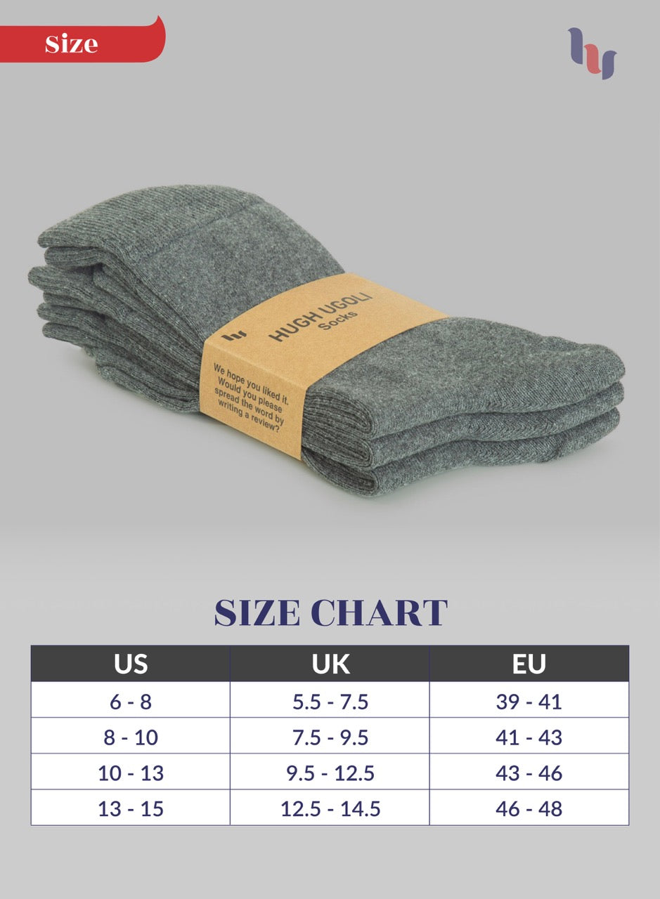Pack of Dark Gray socks with a size chart on a gray background