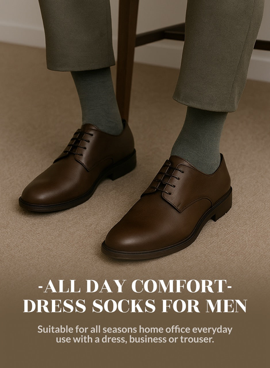 Brown dress shoes with Dark Gray socks on a neutral background, promoting comfort and suitability for home office wear.