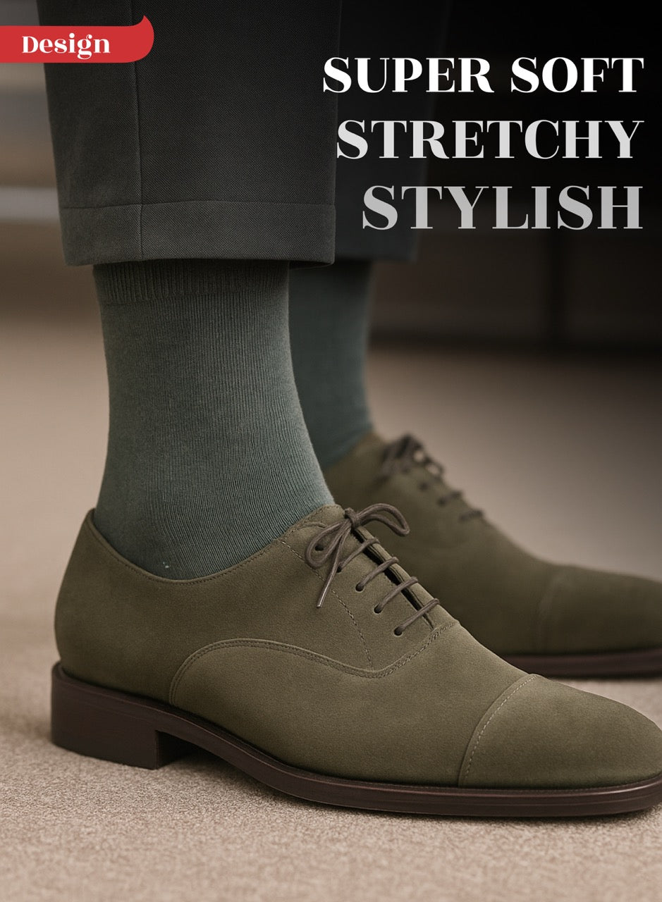 Dark Gray dress shoes with text 'Super Soft, Stretchy, Stylish' on a neutral background