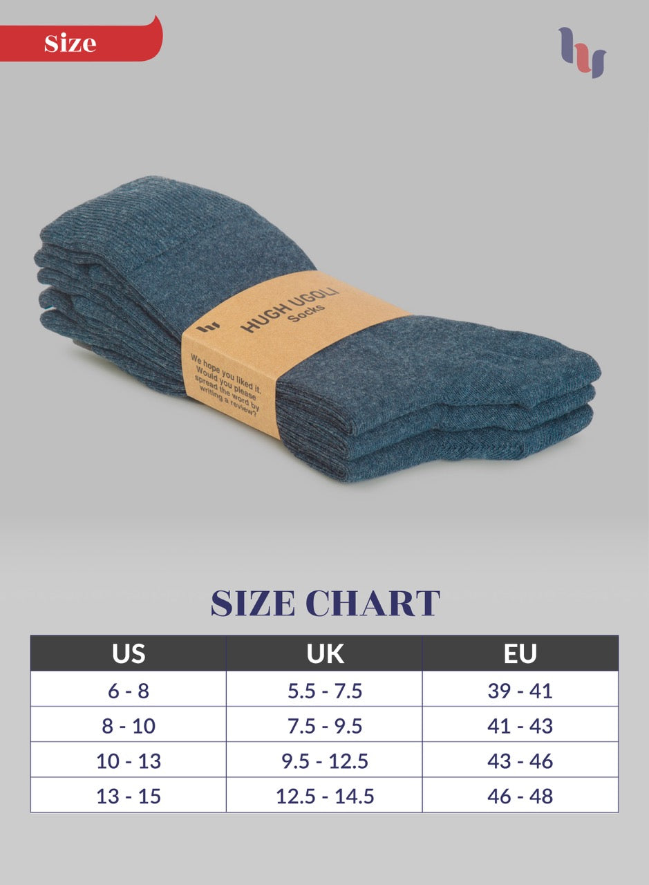 Pack of Indigo socks with a size chart on a gray background