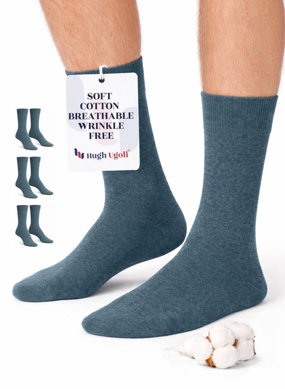 Indigo socks with a tag on a white background