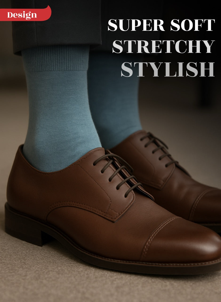 Brown leather shoes with jeans blue socks on a neutral background, text 'Super Soft Stretchy Stylish' above.