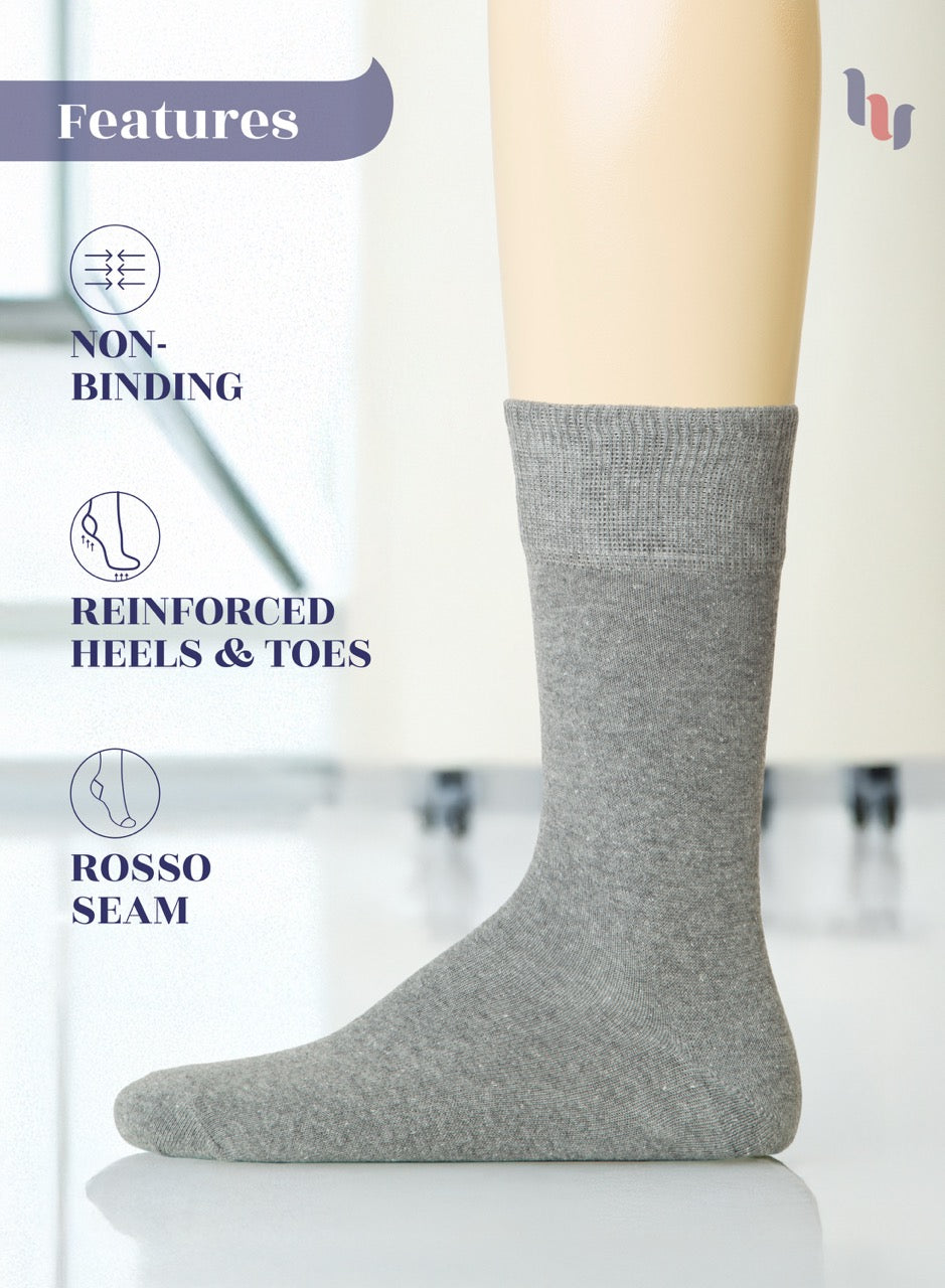 Light Gray sock on a person's foot with features listed on the left.