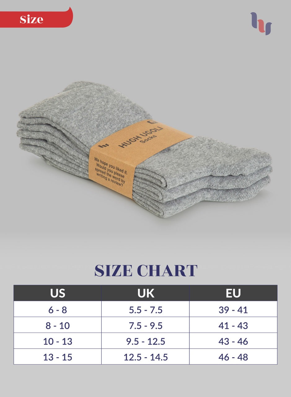 Pack of Light Gray socks with a size chart on a gray background