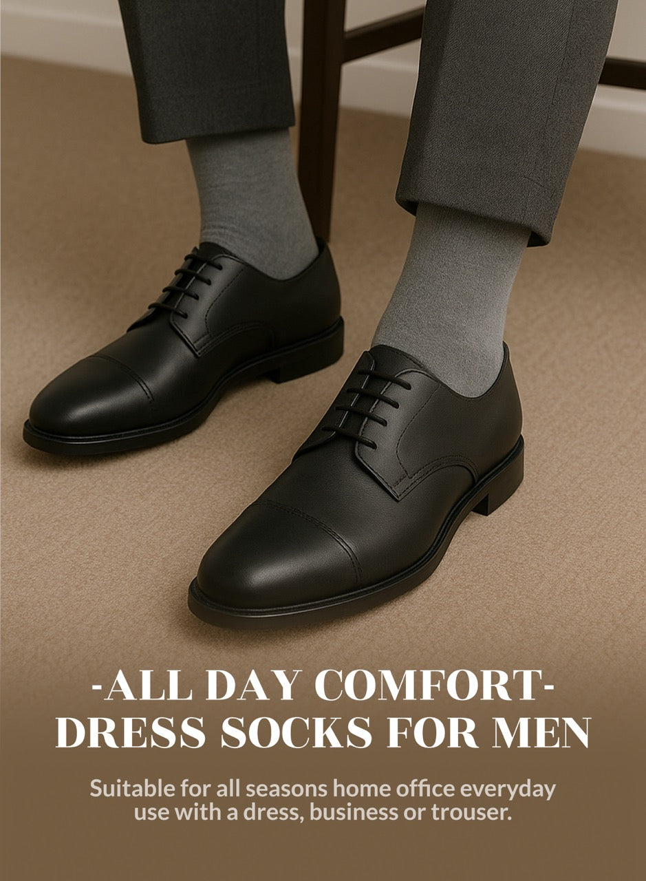 Black dress shoes with Light Gray socks on a brown floor, promoting comfort and suitability for home office wear.
