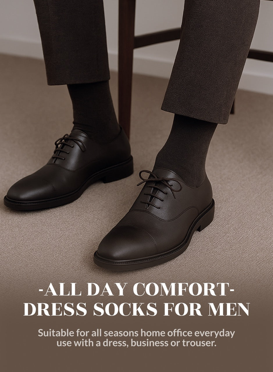 Black dress shoes and Light Gray socks with text about comfort dress socks for men on a neutral background