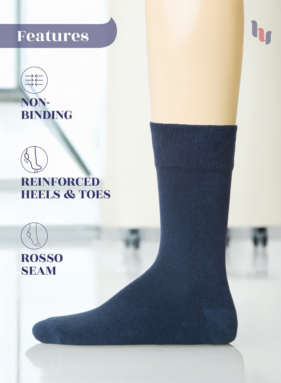 Navy blue sock on a white background with features listed.