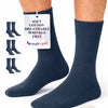 Navy blue socks with a label on a white background