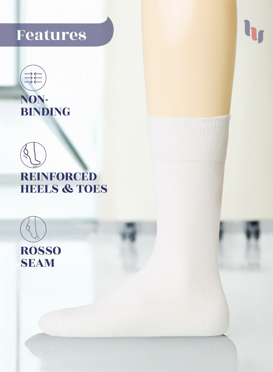 White sock on a mannequin foot with features listed above.