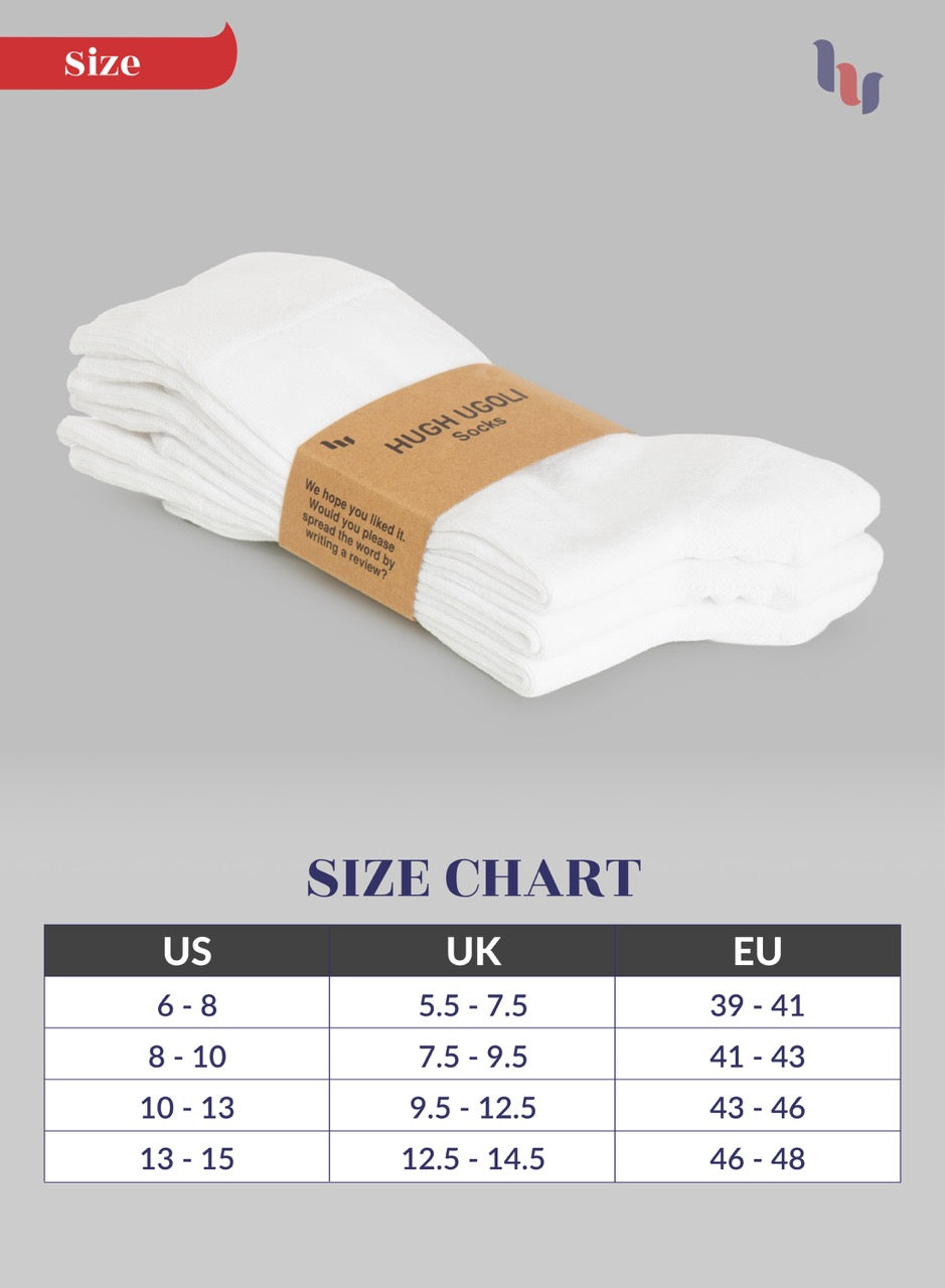 Stack of white socks with a brown label on a gray background, featuring a size chart below.