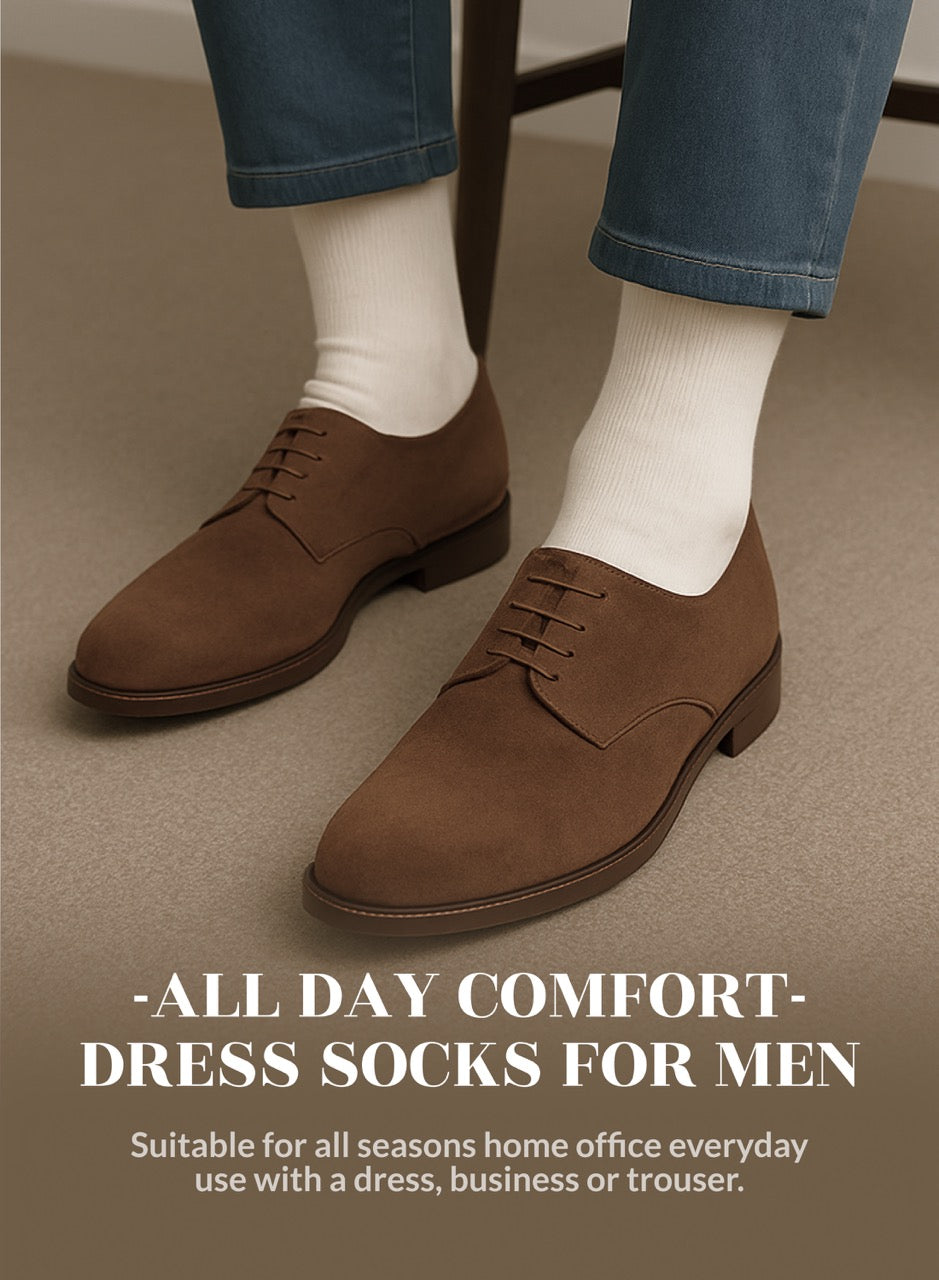 Brown dress shoes with white socks on a neutral background, promoting comfort and suitability for men's daily wear.