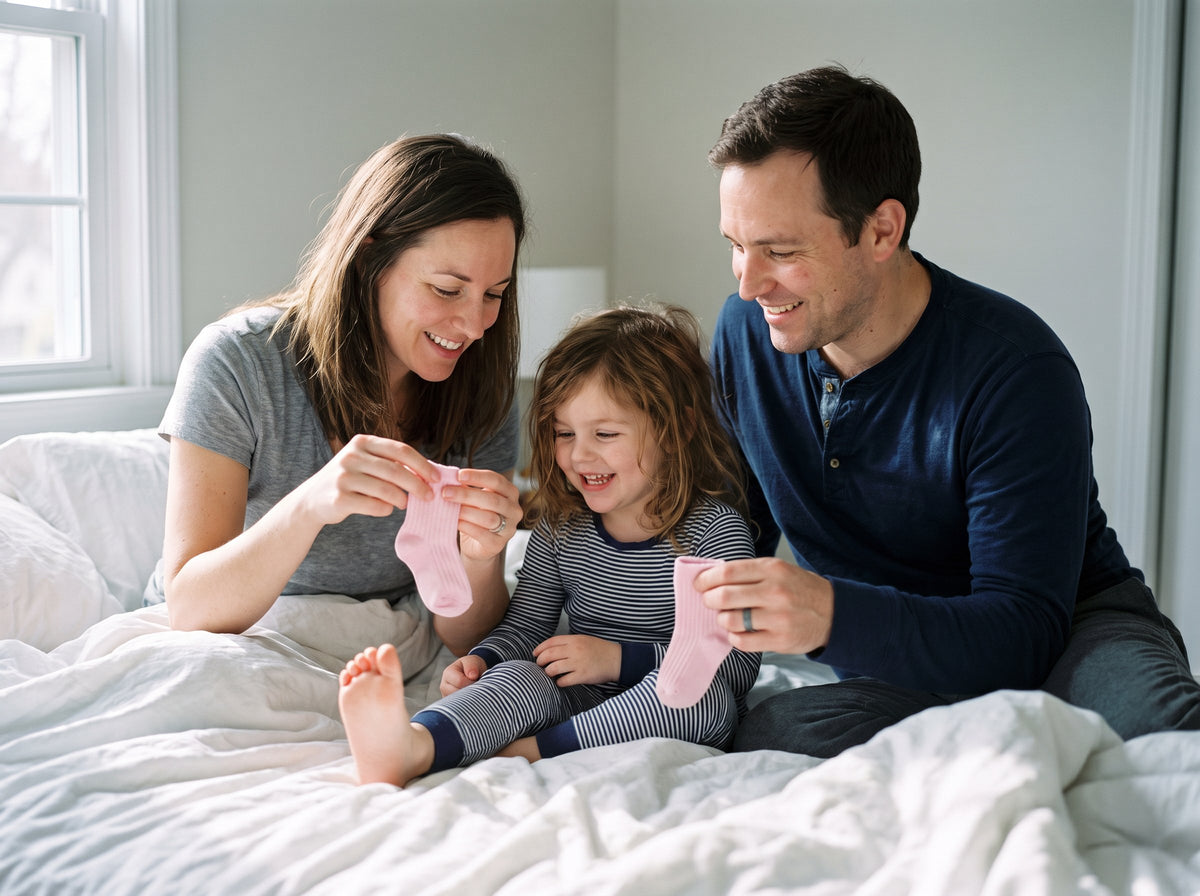 Parents putting pink socks on their young daughter