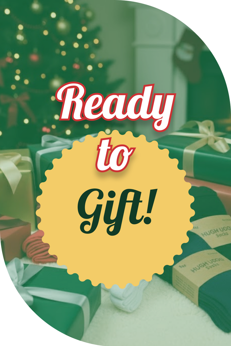 Holiday themed Ready to Gift graphic with wrapped presents and Hugh Ugoli sock sets.