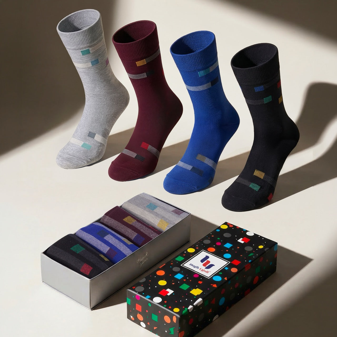 Hugh Ugoli Men's Square Patterned Cotton Socks, 4 Pairs - image 3