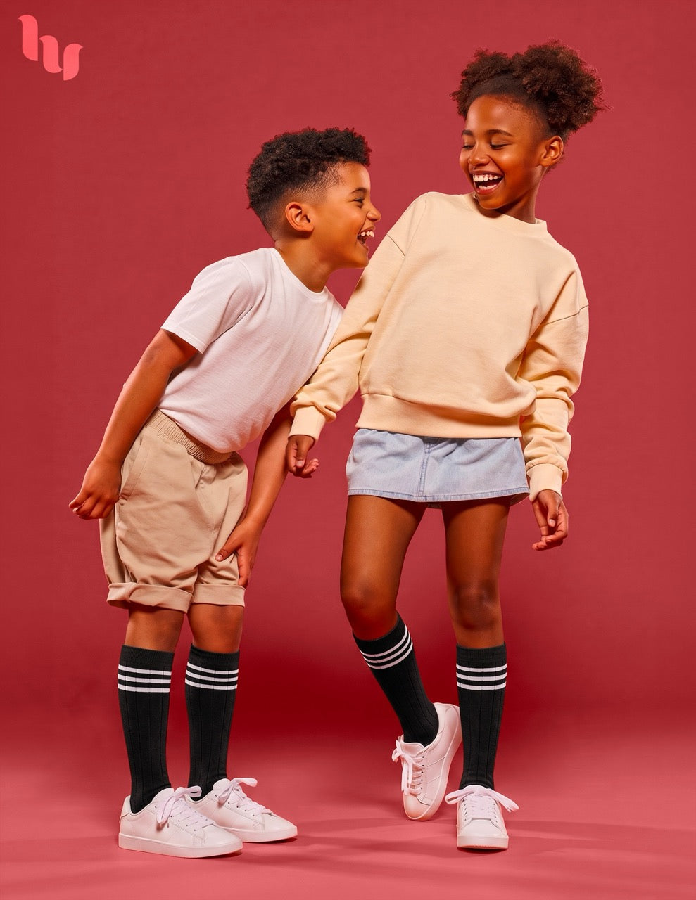 Hugh Ugoli Striped Cotton Kids' Knee-High Dress Socks, 4 Pairs in Black