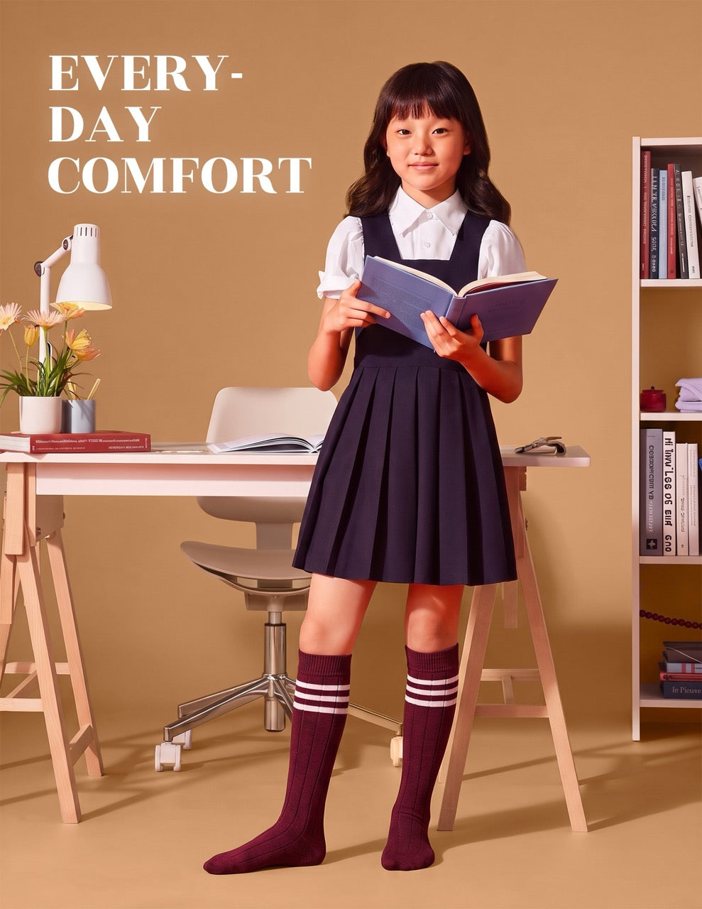 Hugh Ugoli Striped Cotton Kids' Knee-High Dress Socks, 4 Pairs in Burgundy