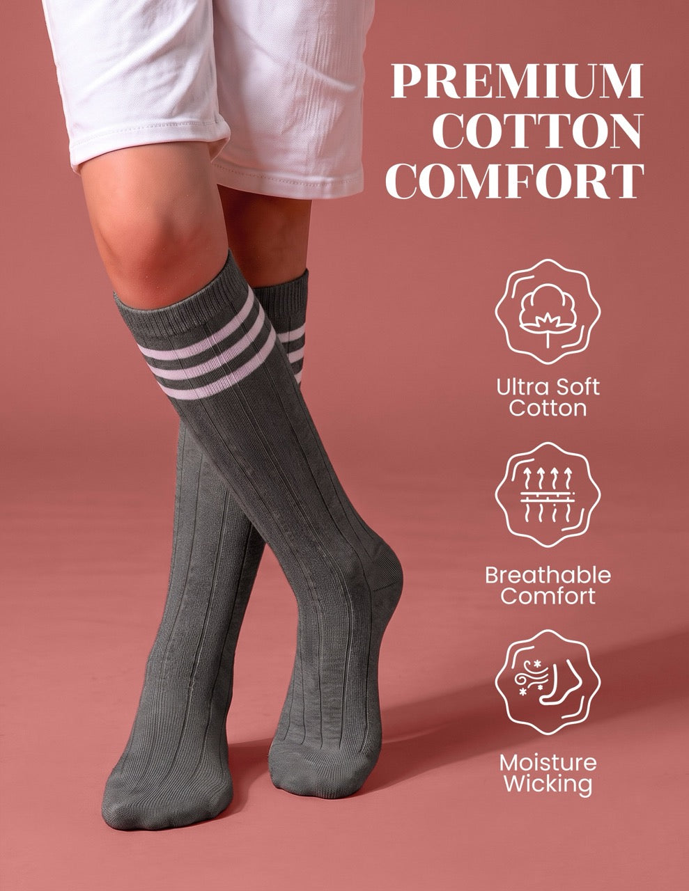 Hugh Ugoli Striped Cotton Kids' Knee-High Dress Socks, 4 Pairs in Dark Grey