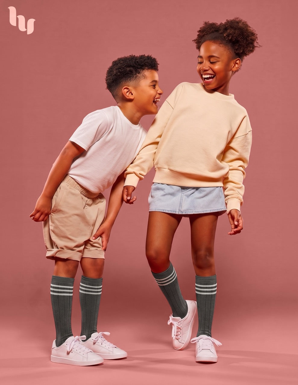 Hugh Ugoli Striped Cotton Kids' Knee-High Dress Socks, 4 Pairs in Dark Grey