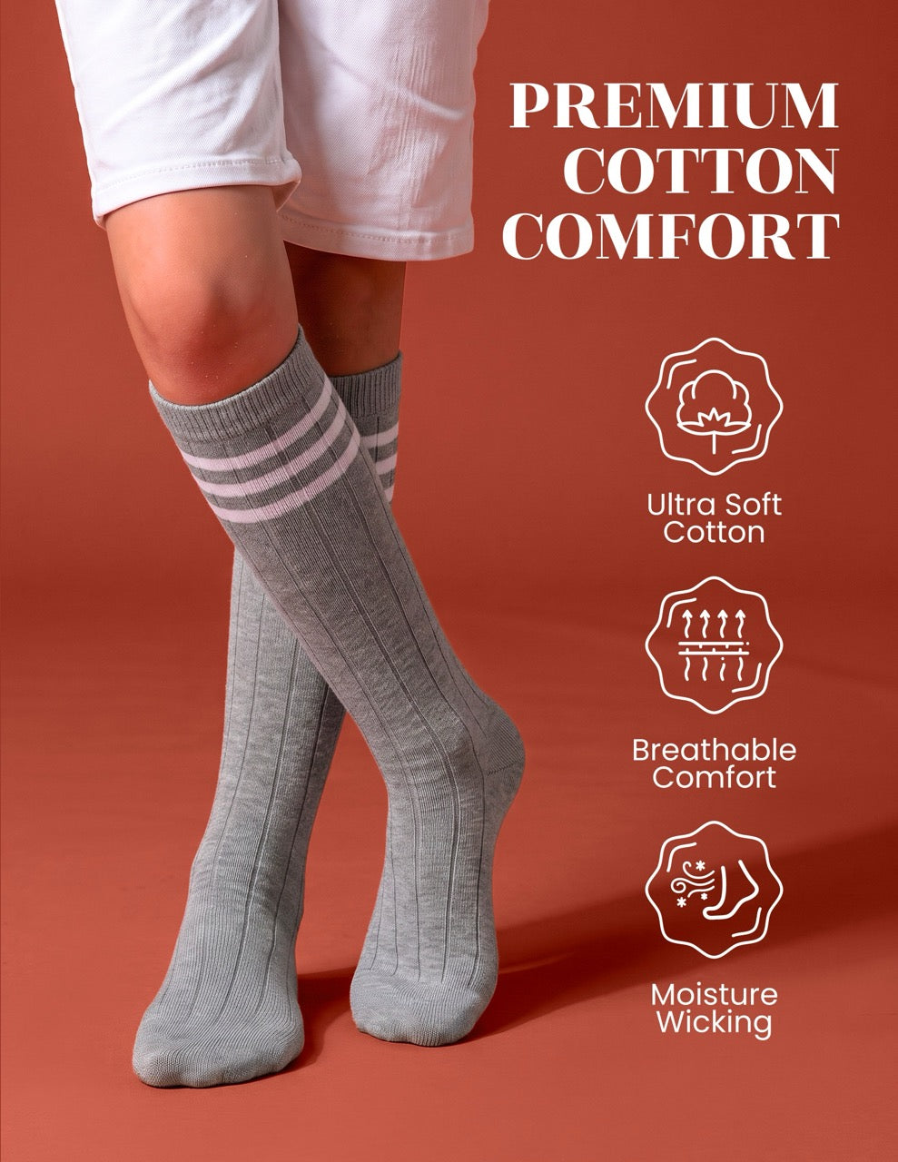 Hugh Ugoli Striped Cotton Kids' Knee-High Dress Socks, 4 Pairs in Light Grey
