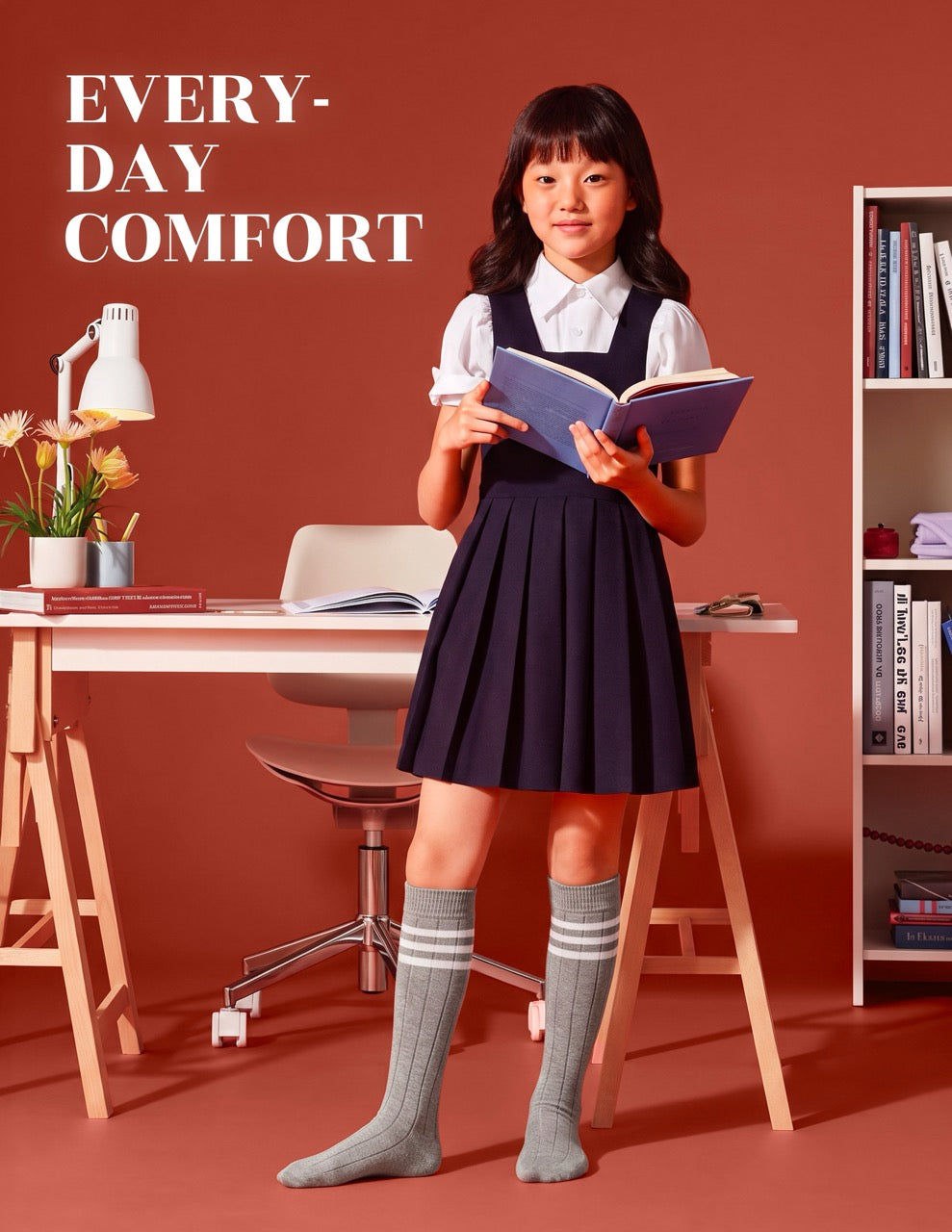 Hugh Ugoli Striped Cotton Kids' Knee-High Dress Socks, 4 Pairs in Light Grey
