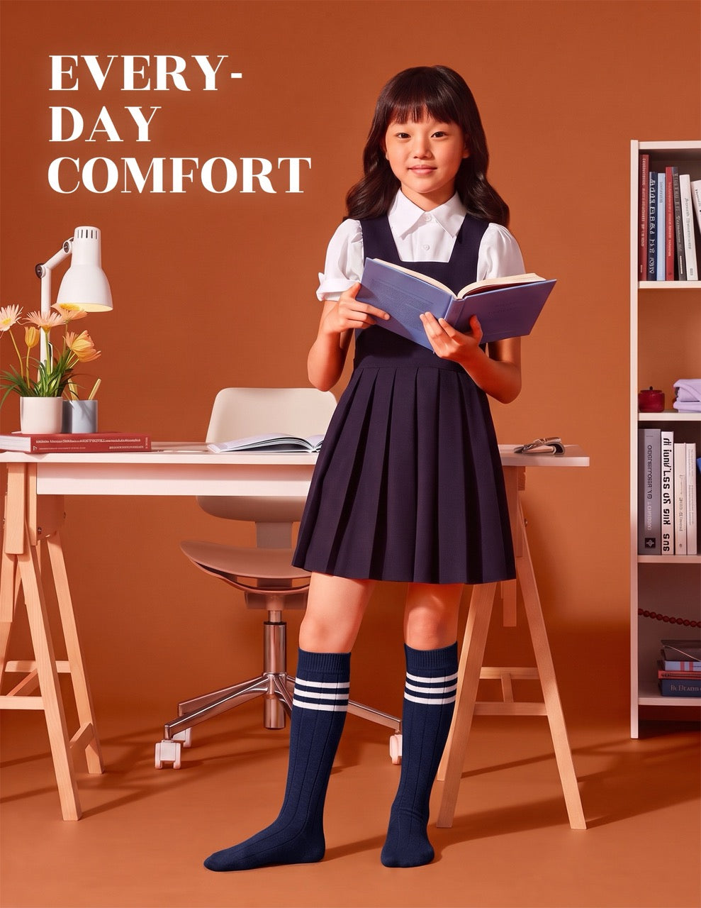Hugh Ugoli Striped Cotton Kids' Knee-High Dress Socks, 4 Pairs in Navy Blue