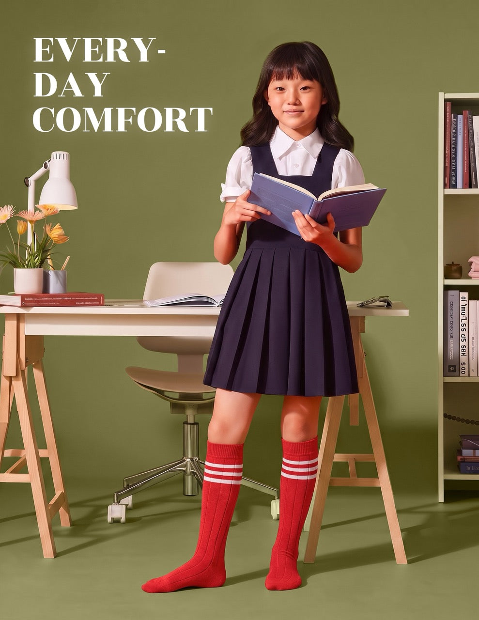 Hugh Ugoli Striped Cotton Kids' Knee-High Dress Socks, 4 Pairs in Red