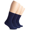 Three pairs of navy blue socks on beige mannequin feet against a white background