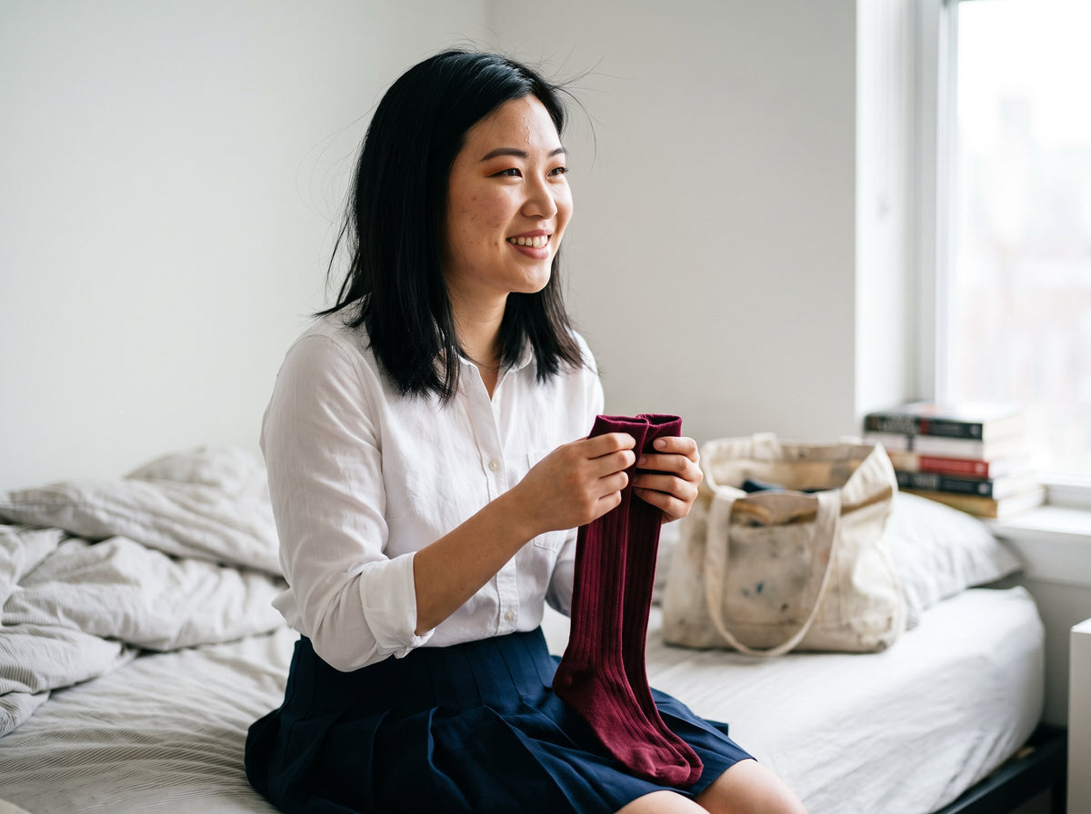 A woman holding burgundy knee-high socks