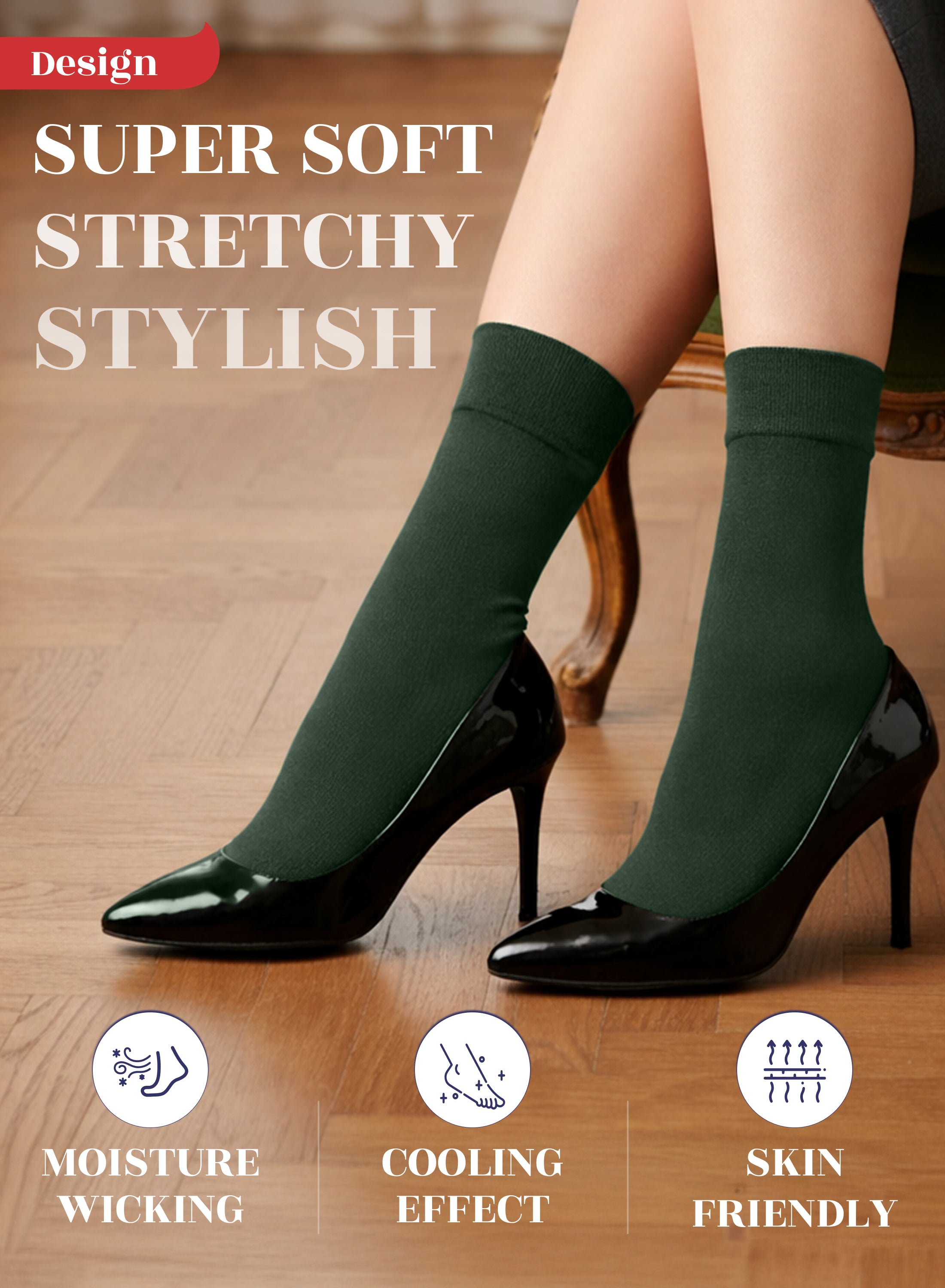 Army Green socks worn with black high heels on a wooden floor, highlighting features like moisture wicking, cooling effect, and skin friendliness.