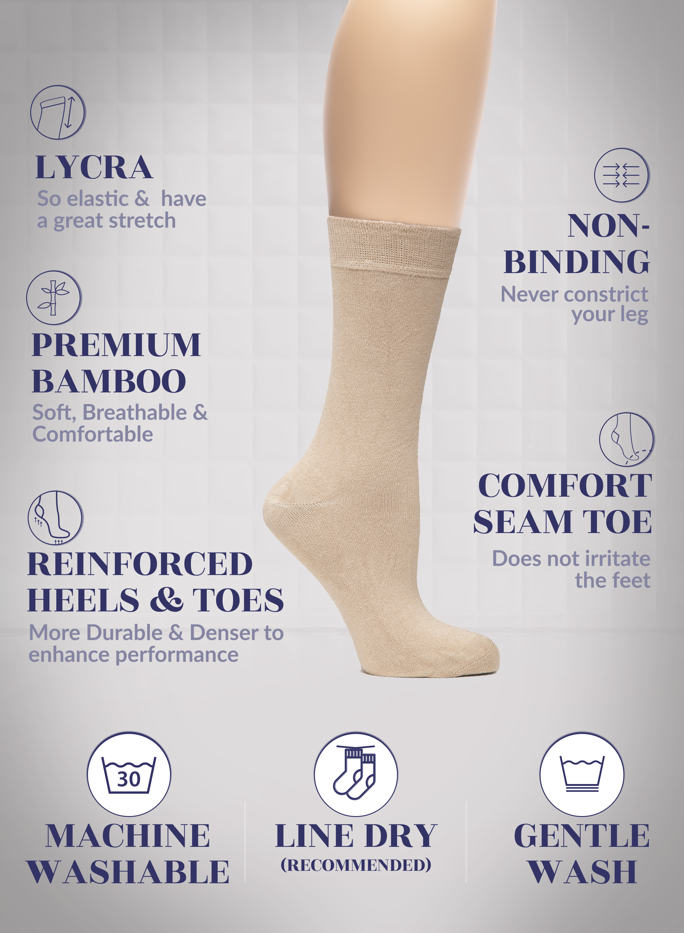 Beige sock with text highlighting features on a light gray background